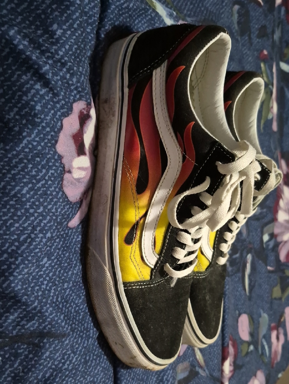 Vans Black Skate Shoes with Yellow and Red Flame Graphic